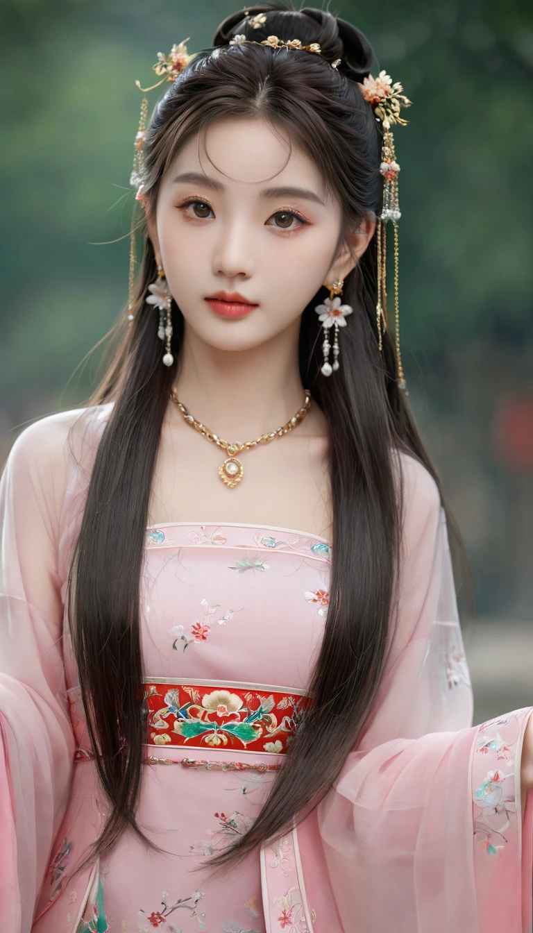 (photorealistic, best quality, ultra high res, extremely detailed eyes and face:1.3),1girl, solo,full body,skirt,jewelry,long_hair,necklace,earrings,perfect body,standing,large breasts,looking at viewer,chinese clothes,china dress,hanfu,