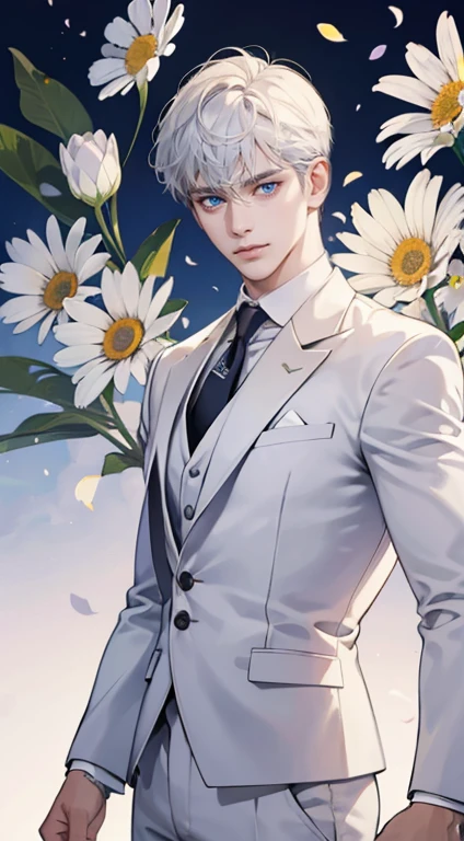((masterpiece)),(((best quality))), (detailed light) (detailed shadow), (high quality, breathtaking),(expressive eyes, perfect face), 1man, solo, male, tall, (mature), board shoulder, muscular, short Platinum hair, side swep bangs, blue eyes, smiling, white suit, white tie, daisy flower background, flower petal flying, windy, look at viewer, one ear earing.