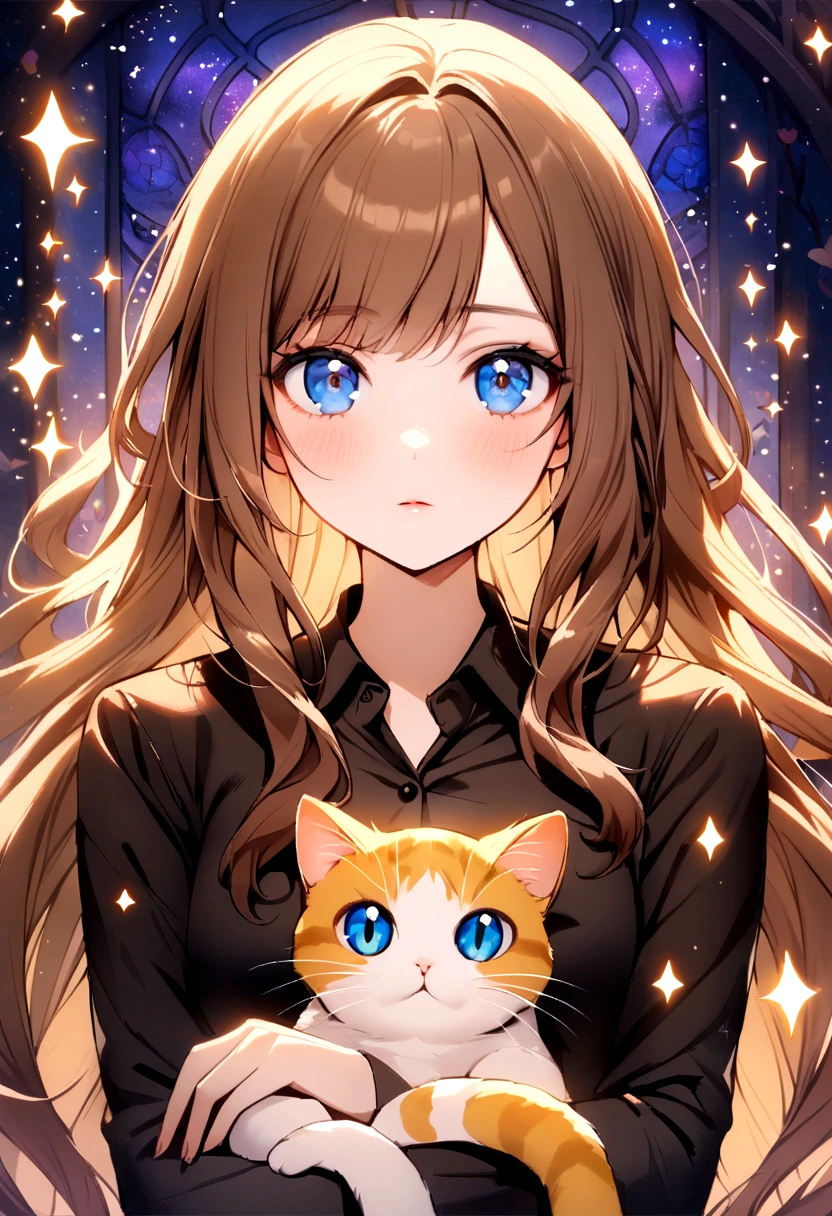 (Highest quality)(1 woman,single,long hair,brown hair,blue eyes ,Black suit shirt,Turn to look at the viewer,with guardian cat)