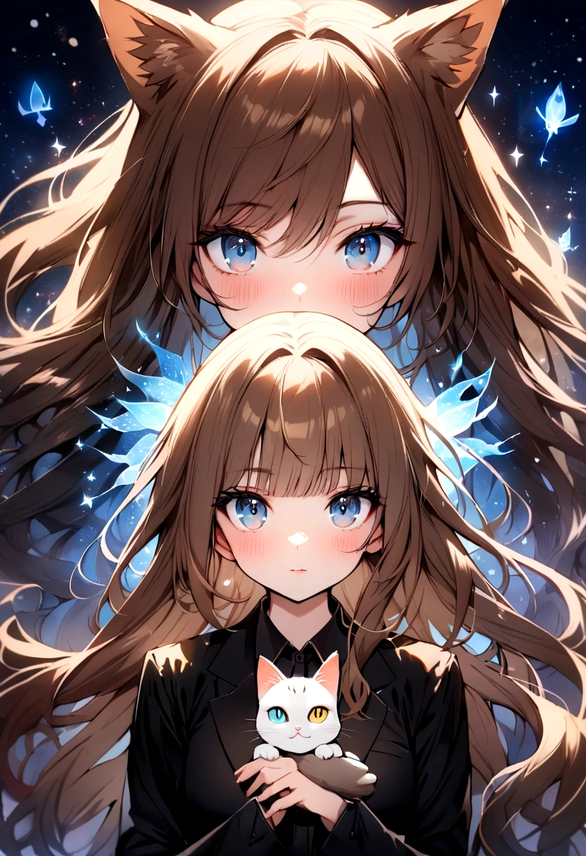 (Highest quality)(1 woman,single,long hair,brown hair,blue eyes ,Black suit shirt,Turn to look at the viewer,with guardian cat)