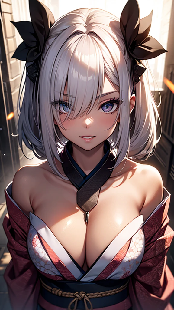 (1girl:1.3), Masterpiece, Best quality, amazing beauty, [[3D]], 4K, absurdres, finely detail, super detailed eye, perfect anatomy, official art, cinematic lighting, BREAK, Island, silky medium hair, silky twin tails, white hair, super shiny detailed brown eyes, big eyes, sparkle(in the eyes), thick eyebrow, open-mouth, plump lips, Mascara, False eyelashes, pink lips, eyewear, contented smile, BREAK , big breasts, tall, skinny, dark skin, walking and waving, BREAK , Overhead shot, BREAK,(kimono:1.3)