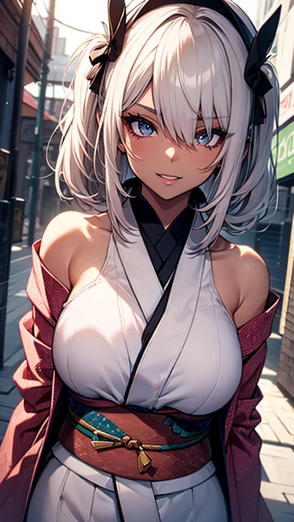 Masterpiece, ultra quality, absurdres, cinematic lighting, Japanese shrine, shrine maiden, Kemono, bare shoulders, cleavage, medium breasts, brown eyes, expressive eyes, focused, white hair, hair brushed sideways, medium hair, hair bandana, earrings, front view, facing viewer, upper body