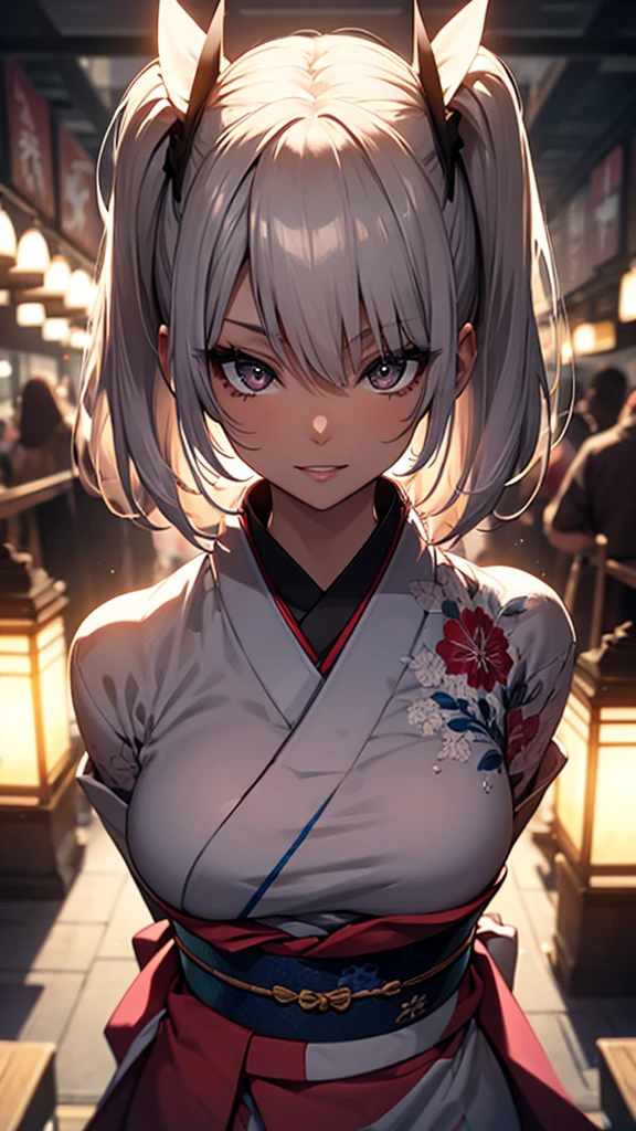 (1girl:1.3), Masterpiece, Best quality, amazing beauty, [[3D]], 4K, absurdres, finely detail, super detailed eye, perfect anatomy, official art, cinematic lighting, BREAK, Island, silky medium hair, silky twin tails, white hair, super shiny detailed brown eyes, big eyes, sparkle(in the eyes), thick eyebrow, open-mouth, plump lips, Mascara, False eyelashes, pink lips, eyewear, contented smile, BREAK , big breasts, tall, skinny, dark skin, walking and waving, BREAK , Overhead shot, BREAK,(kimono:1.3)