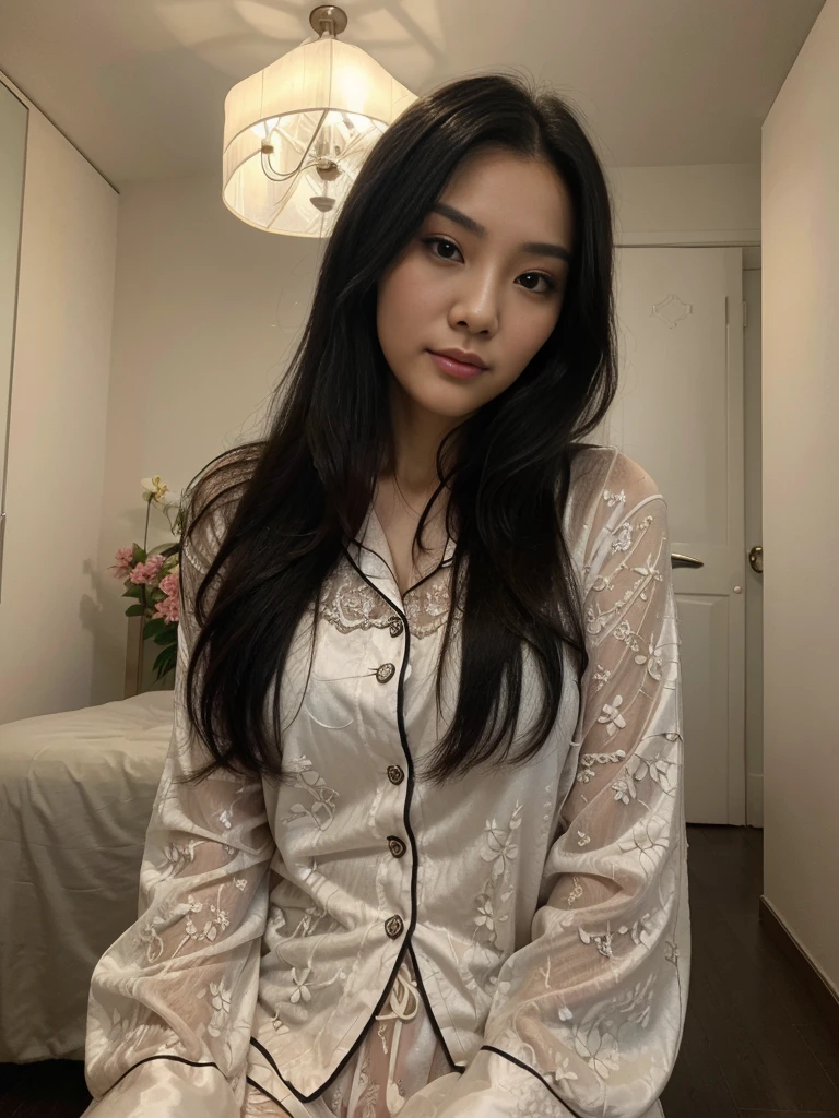 A beautiful 30-year-old Hong Kong woman was in the room., Lace pajamas, Close-up selfie with long black hair