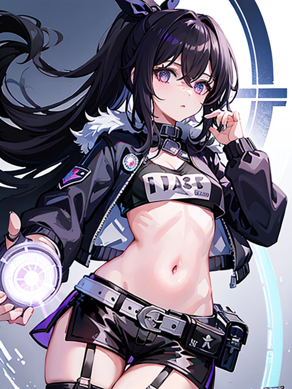 （tmasterpiece，best qualtiy：1.3），extremly high detail，complex，8K，solo，1girl， young woman，The expression is nonchalant，colorful background，reality warped background，cinematic lighting，long hair，dark hair，ponytail tied with a black bow，fluorescent purple eyes，wearing a short，black coat along with a crop-top which covers the upper part of her body，exposed navel，black unbuttoned shorts with a decorative piece of black and purple fabric that hangs off the back，along with a white belt that has a game console attached at the hip，wearing a pair of black, white, and purple boots，short fishnets up the calf on the left