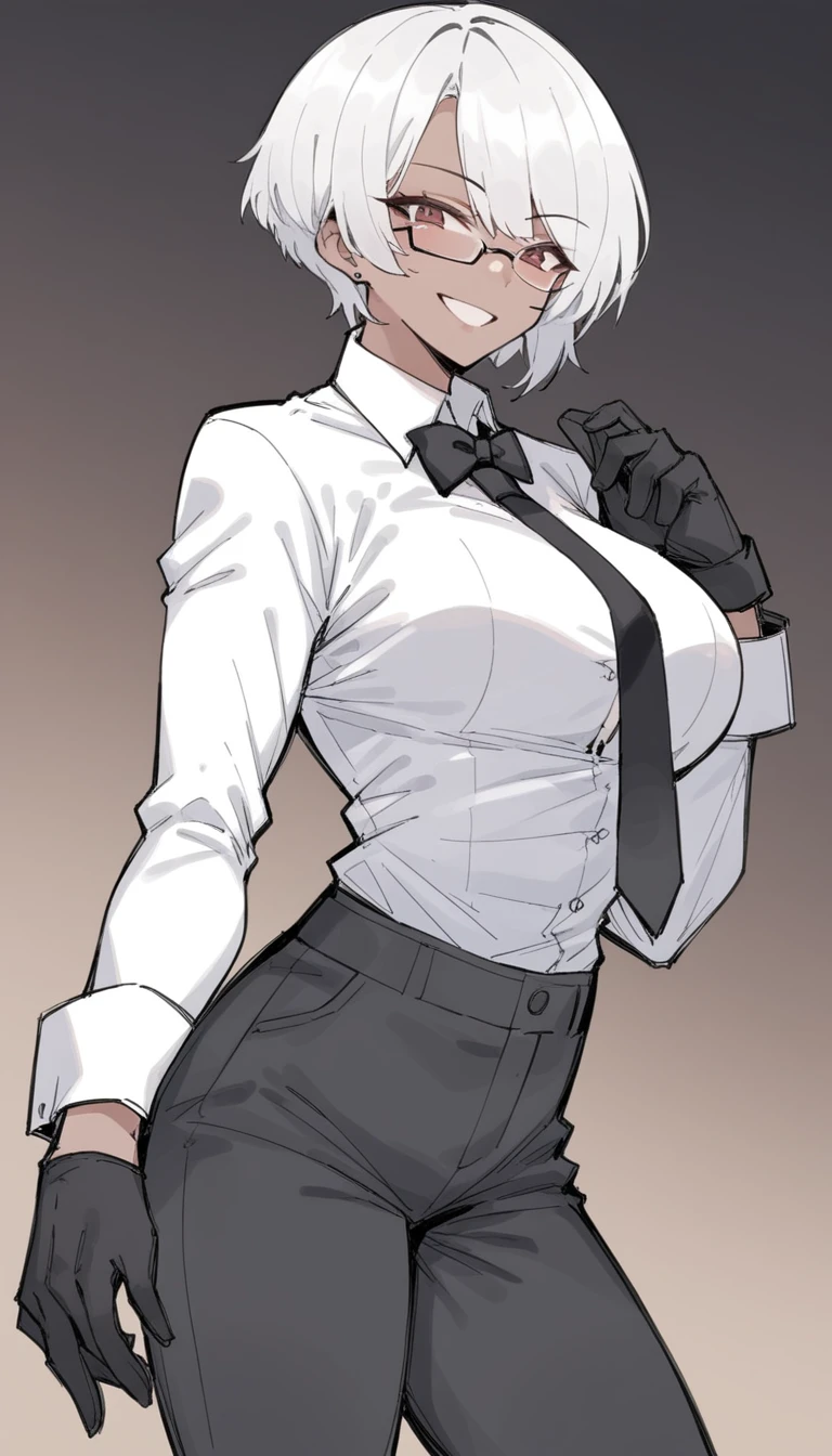 score_9, score_8_superior, score_7_superior, score_6_superior,sketch of male character artist in formal clothes and glasses, wearing a white shirt and black tie, 1girl, dark skin, solo, gloves, dark-skinned female, white hair, pants, short hair, shirt, black gloves, bow, black pants, glasses, breasts, bowtie, smile, white shirt, looking at viewer, long sleeves, cowboy shot