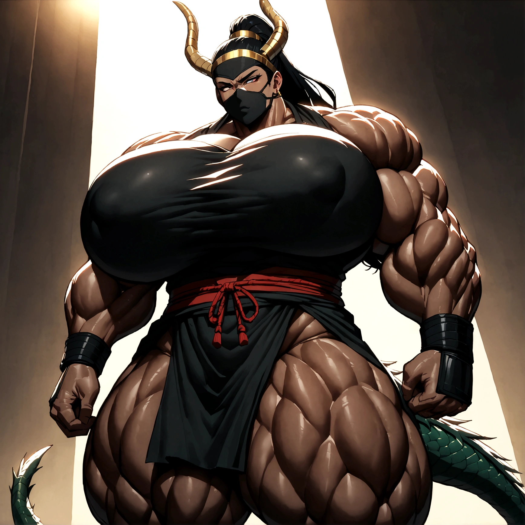 Cleopatra with extreme muscular body, gigantic muscular arms, gigantic muscular tights, samurai outfit, ninja mask, dragon tail, dragon horns, fair skin, black hair with ponytail and gigantic breasts.