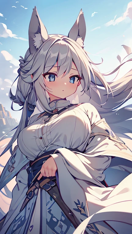 (highest quality, 8K, High resolution, masterpiece:1.2), very gigantic breasts, ash-gray horse ears, woman, long silver hair, flowing in the wind, sharp eyes, passion, freedom, adventure, ears move sensitively, capturing sounds, presence embodies, strength, grace, beauty, wild
