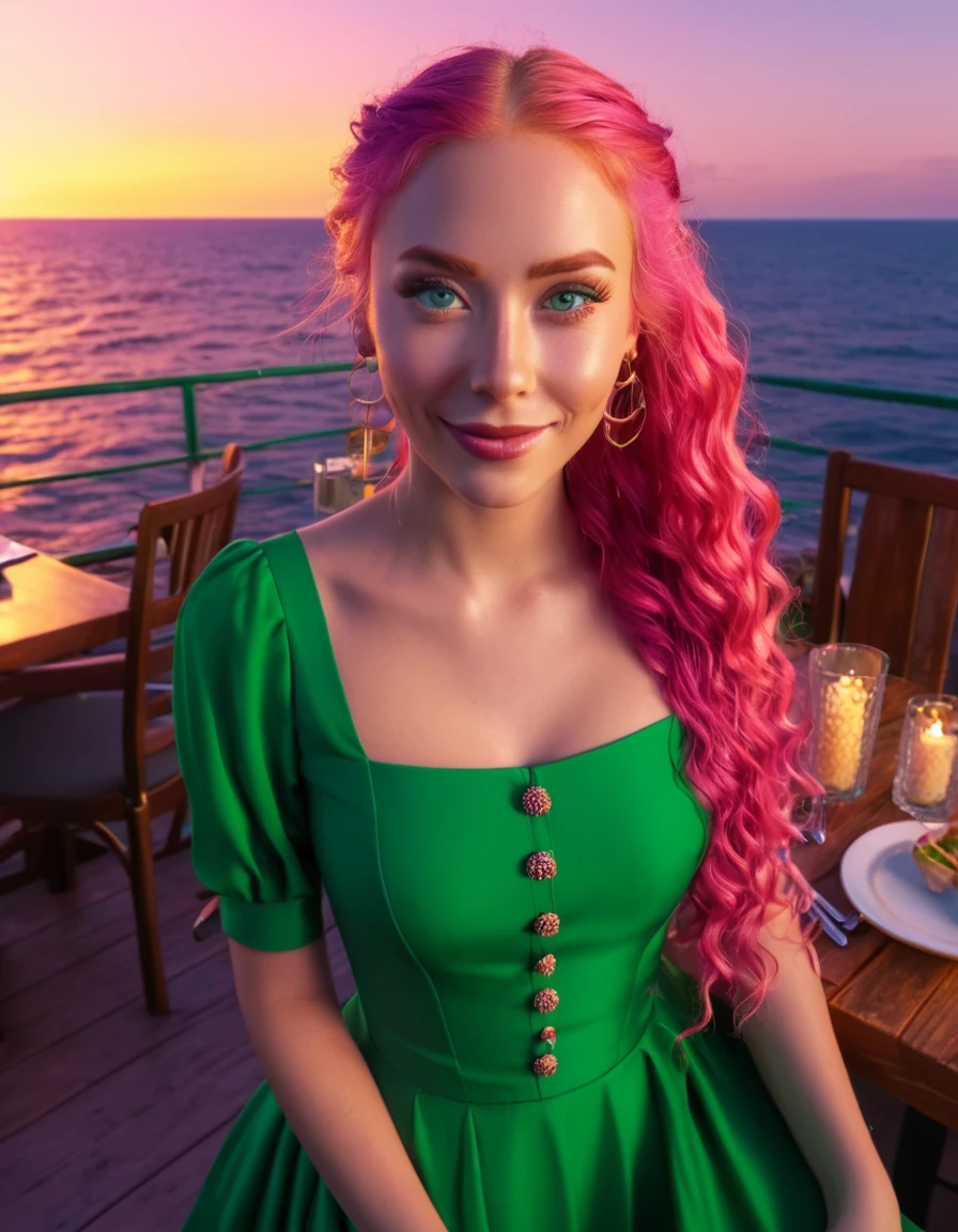 In an outdoor restaurant overlooking the ocean, table has food and drinks, candles, vibrant colors, wearing green dress,happy face, detailed expressive eyes,long pink hair, bright mood lighting, sunset, (8k, RAW photo, best quality, depth of field, intricate, photorealistic, masterpiece, ultra-detailed), dynamic lighting,wide angle shot,realistic view, raw imange, UHD,Cinematic lighting effects,Tyndall Light,Rich in color,full body shot,wide angle shot