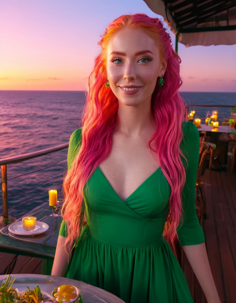 In an outdoor restaurant overlooking the ocean, table has food and drinks, candles, vibrant colors, wearing green dress,happy face, detailed expressive eyes,long pink hair, bright mood lighting, sunset, (8k, RAW photo, best quality, depth of field, intricate, photorealistic, masterpiece, ultra-detailed), dynamic lighting,wide angle shot,realistic view, raw imange, UHD,Cinematic lighting effects,Tyndall Light,Rich in color,full body shot,wide angle shot