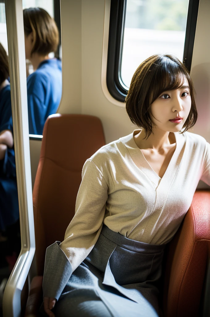 Japanese Girl, When I was 18 years old, I sat elegantly in my seat on the train., Her short blonde hair、Her hair was parted to the side, framing her beautiful face.。. Her brown eyes were bright and lively as she looked out the window., Her perfect figure is accentuated by the transparency