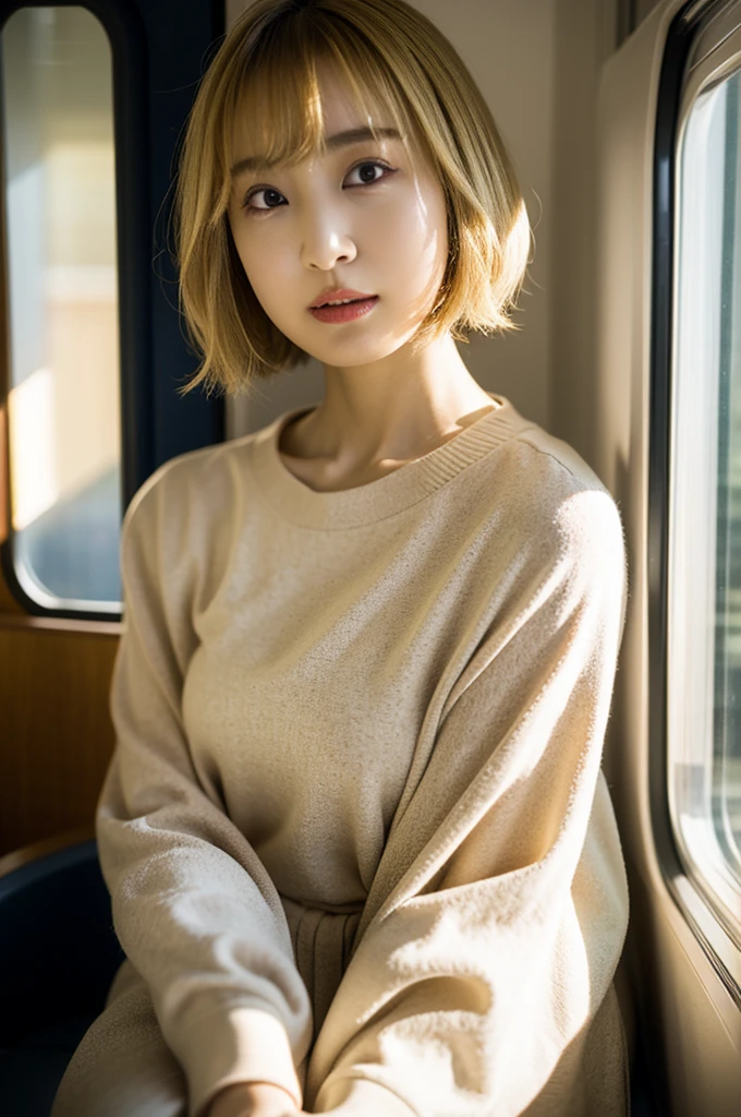 Japanese Girl, When I was 18 years old, I sat elegantly in my seat on the train., Her short blonde hair、Her hair was parted to the side, framing her beautiful face.。. Her brown eyes were bright and lively as she looked out the window., Her perfect figure is accentuated by the transparency