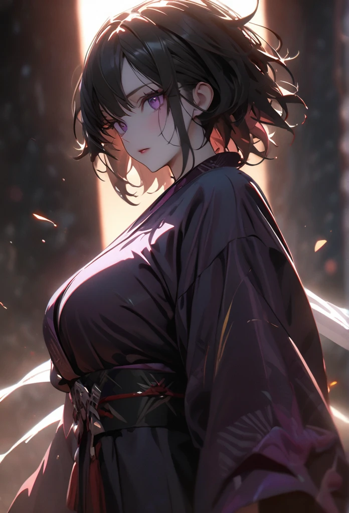 (solo), pitch black hair, messy hair, mane hair, short hair, dense hair, wild hair, expressive hai,(25 year old), pale skin, ((Female)), purple eyes, beautiful girl, wearing a black and purple kimono, beautiful, attractive, huge breast, big ass, Yin, eye reflection, depth of field, thunder aura, cinematic lighting, ray tracing, depth of field, cinematic lighting, ray tracing, UHD, high details, best quality, highres, high quality, award winning, super detail, masterpiece, 8k, UHD, high details, best quality, highres, high quality, award winning, super detail, masterpiece, 8k, digital art, anime coloring, body shot, good face, perfect face, detailed face, good eyes. The background is space. A blackhole in the background.