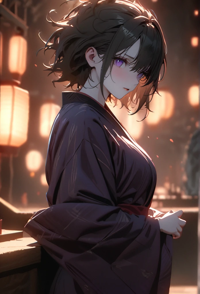 (solo), pitch black hair, messy hair, mane hair, short hair, dense hair, wild hair, expressive hai,(25 year old), pale skin, ((Female)), purple eyes, beautiful girl, wearing a black and purple kimono, beautiful, attractive, huge breast, big ass, Yin, eye reflection, depth of field, thunder aura, cinematic lighting, ray tracing, depth of field, cinematic lighting, ray tracing, UHD, high details, best quality, highres, high quality, award winning, super detail, masterpiece, 8k, UHD, high details, best quality, highres, high quality, award winning, super detail, masterpiece, 8k, digital art, anime coloring, body shot, good face, perfect face, detailed face, good eyes. The background is space. A blackhole in the background.