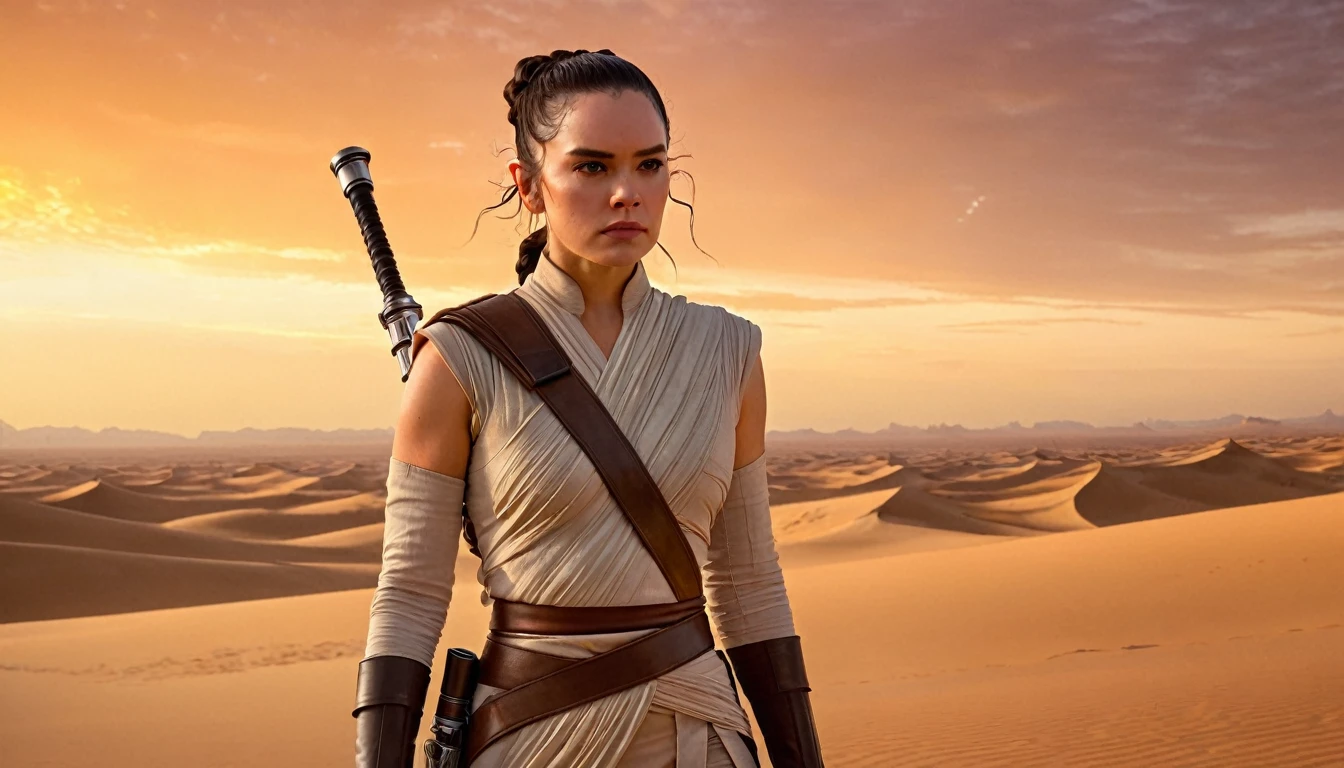 Uma foto realista de Rey, de Star Wars: The Rise of Skywalker, segurando um sabre de luz amarelo em uma pose heroica. She is dressed in brown leather clothes and high boots. The background is a barren desert landscape with an orange sky at sunset. O sabre de luz de Rey emite uma luz brilhante que ilumina seu rosto. She wears a necklace with a silver cross around her neck.. O vento sopra em seus cabelos e roupas. The scene is full of action and drama. Estilo: Realista, com detalhes precisos e cores vibrantes. Inspirado na arte conceitual de Star Wars. Com um toque de humor e personalidade.