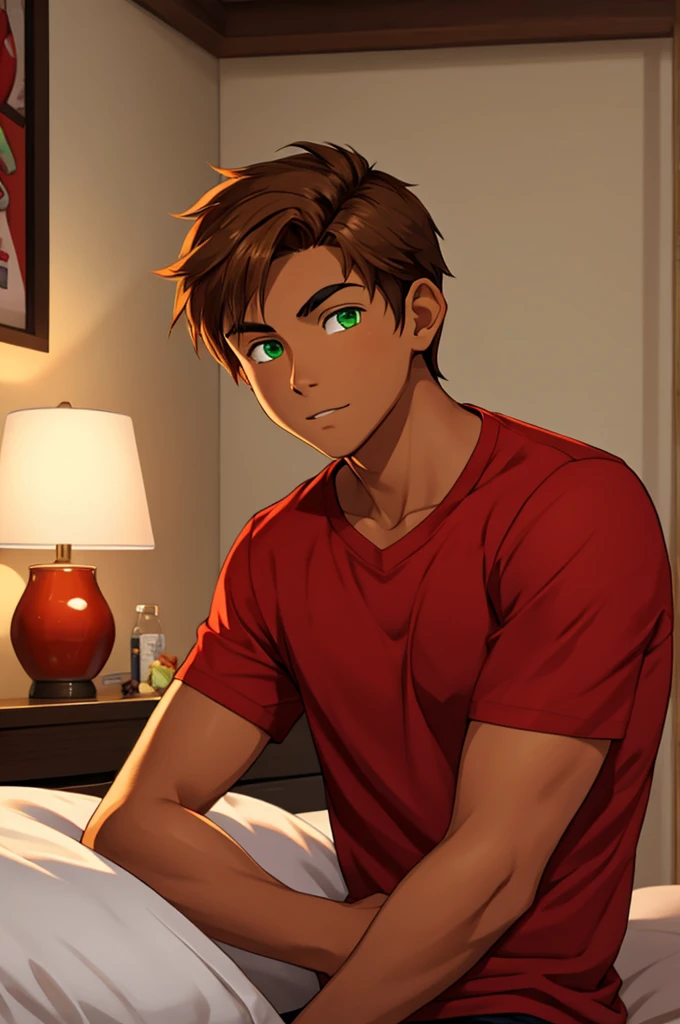 a -yeld ma tanned skin, light brown hair, green eyes, red shirt, black cause. in the bedroom