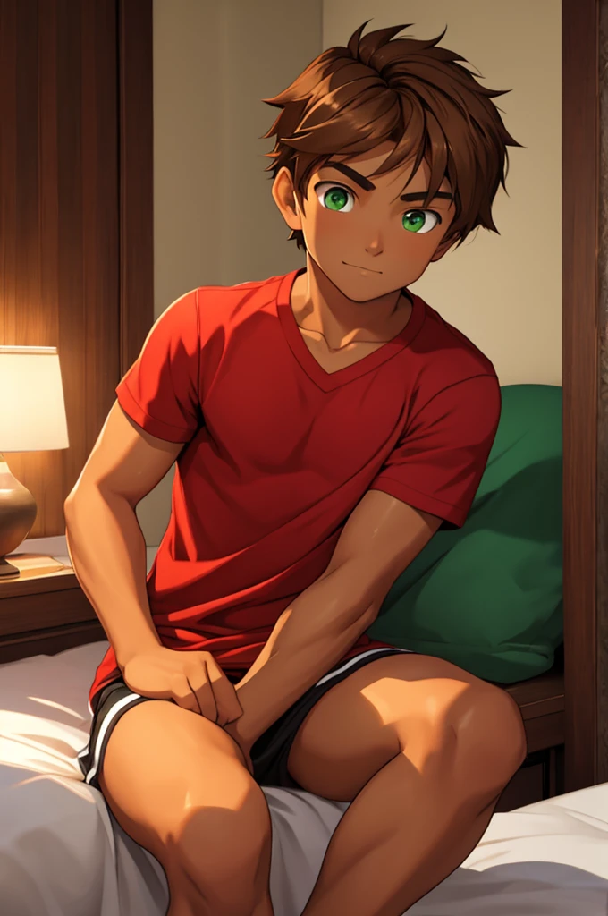 a 16-year-old male, tanned skin, light brown hair, green eyes, red shirt, black cause.  in the bedroom