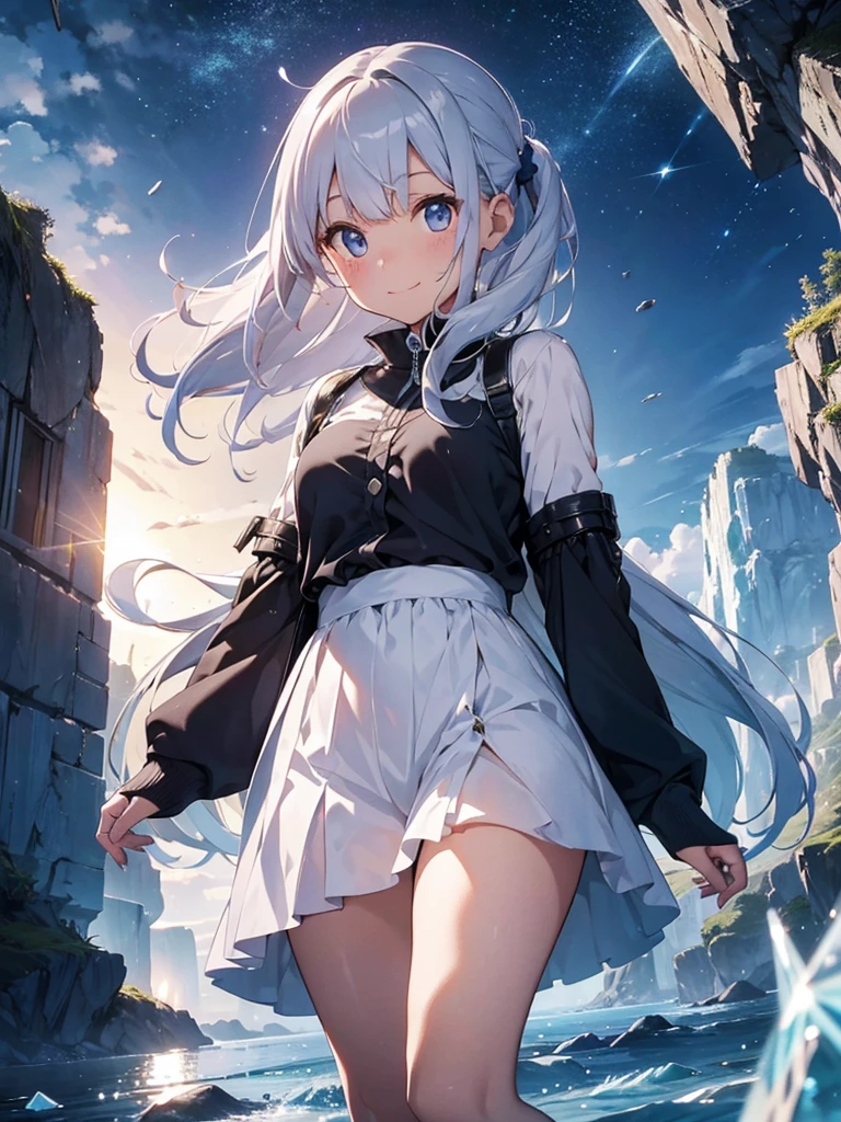 A quiet and cool place,Full of dreamy atmosphere,Everything is made of crystal,只有一個girl是活的,She looked at the environment,A natural smile appeared on his face,
((Crystallization)),girl,solo,silver hair,Eye color,Fashionable clothing