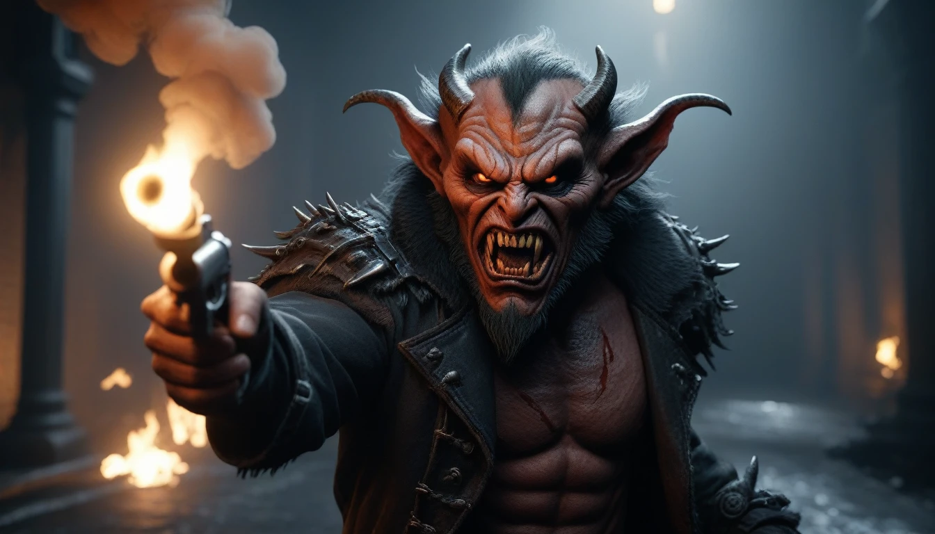 ((fantasy)1.5 photography, high-quality imagery), hyperdetailed, hyperrealistic,full scene,realism,Close up shot of an realistic mad angry dark evil demon,holding a smoking gaitling gun, portrait photography,MASTERPIECE, light reflections, cgi vfx, various colors, fantasy art, horror art,dark fantasy,high definition, cinematic, behance contest winner, stylized digital art, smooth, ultra high definition, 32k, unreal engine 5, ultra sharp focus, intricate artwork masterpiece, ominous, epic, 32k details, ultra details, dynamic lighting, cinematic, photo-realistic, 50mm lens, f/2.8, natural lighting, HDR, realism, mysterious, 64 megapixels, depth of field, hyperrealism, photorealistic, 32k ultra fine detail, masterpiece, High detailed, Realism, Epic, Enhance, Beautify, Epicrealism, intricate, detailed, 500px, promo shot,typography, 3d render,bloody text “I HATE COPYCATS”