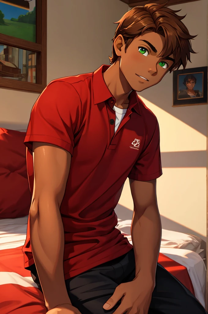 a -yeld ma tanned skin, light brown hair, green eyes, red shirt, black cause. in the bedroom