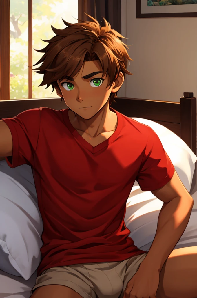 a -yeld ma tanned skin, light brown hair, green eyes, red shirt, black cause. in the bedroom