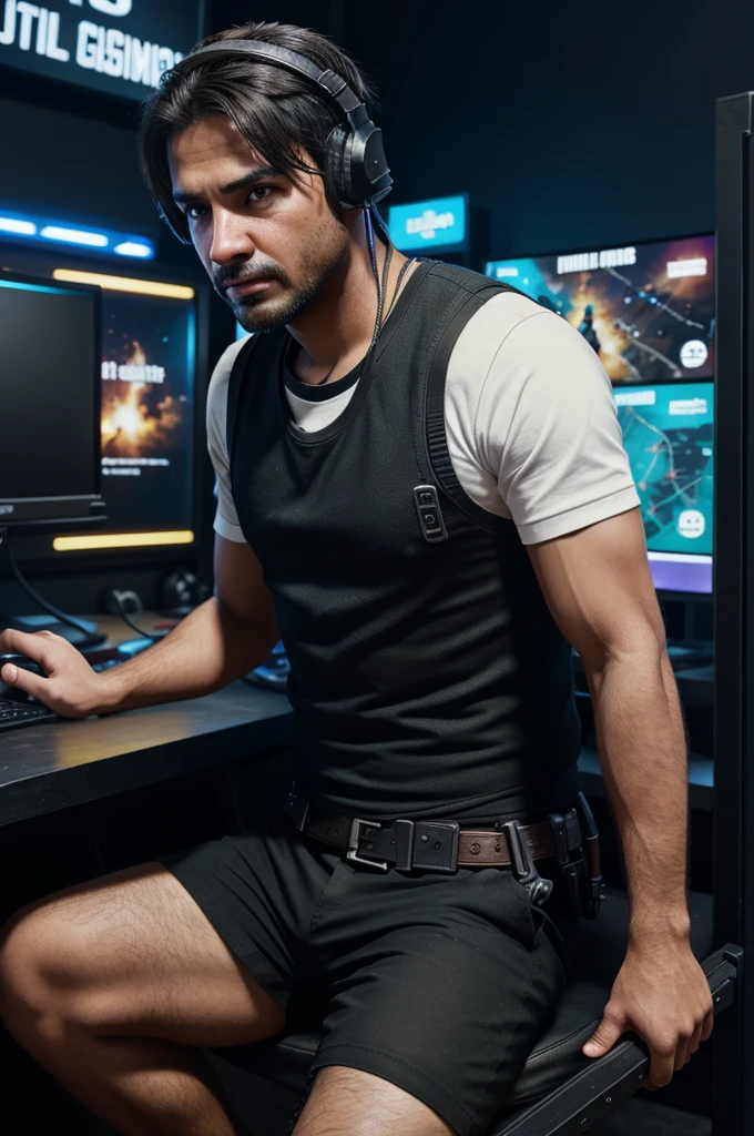 A man playing PUBG game in gaming center on pc warning a jursey kit number 7 his name is younis write on jursy back.