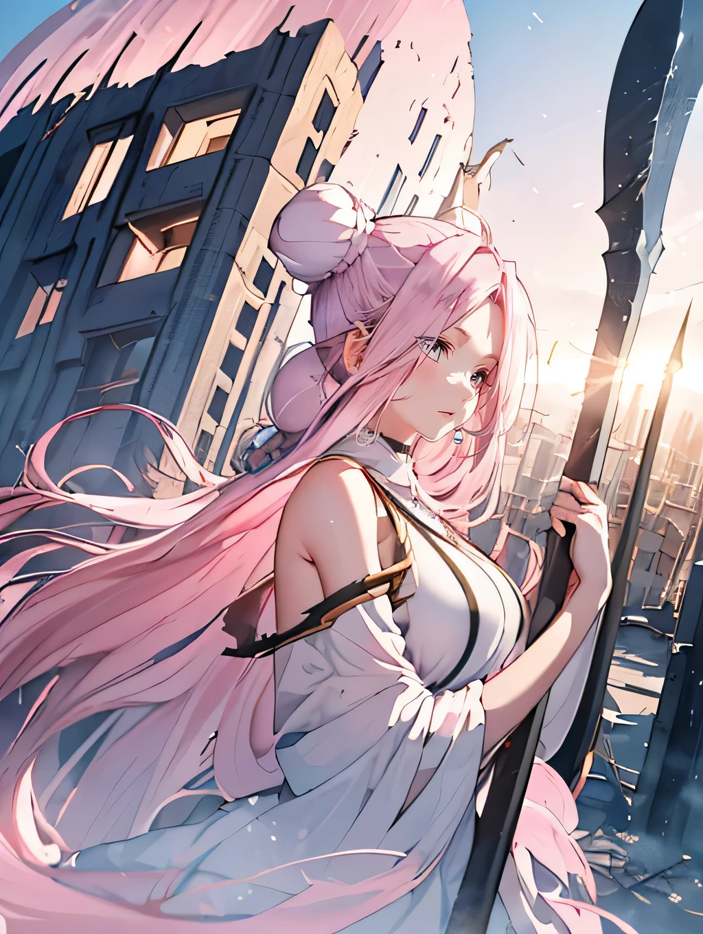 (((Destroyed city))), (((A giant goddess 100 meters high floats, Light radiates from the entire body, Lost Students, The Last Judgment, Blue Flame))), arms,(Aerial angle from below), Braiding, (((Hello, Giant Axe))),masterpiece, Highest quality, High resolution, {Detailed and beautiful eyes}, finely, Detailed and beautiful eyes,1 Girl, (alone:1.5), (Hair Ribbon:0.4), Pink Eyes,Cinematic Angles,perspective,(((White bun hair))),(((Long pink hair))),whole body,