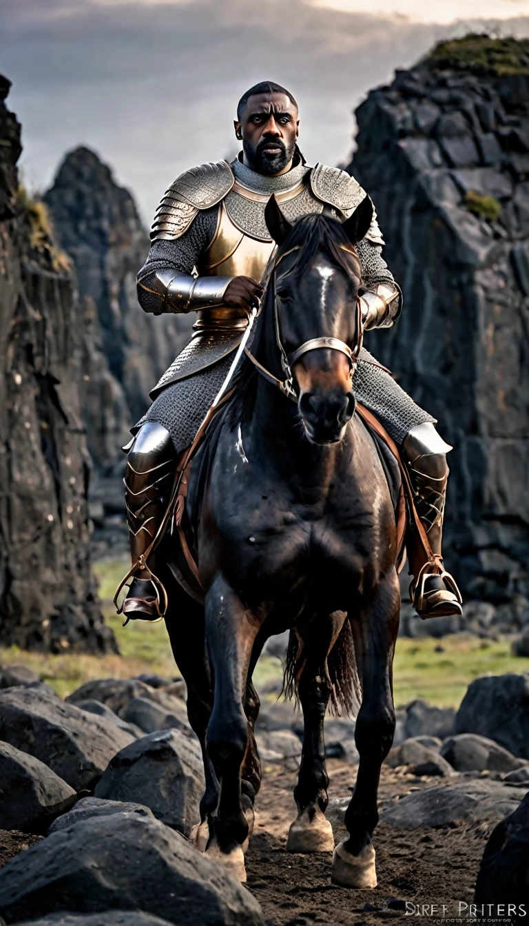 warrior, Idris Elba, long hair, dressed in Byzantine armor, black, riding a huge horse, black, in a landscape of black rocks at dawn, epic image, dark image, noir image, ethereal image, gloomy atmosphere. highly detailed image, sharp focus, studio photography, xf iq 4, 1 5 0 0 0 0 mp, 5 0 mm, iso 2 0 0, 1/1 6 0 s, realistic, natural light, octane rendering, adobe lightroom , thirds resolution, symmetrical balance, depth layers, polarizing filter, ..., hd, color optics, ..., hd, opaque color,