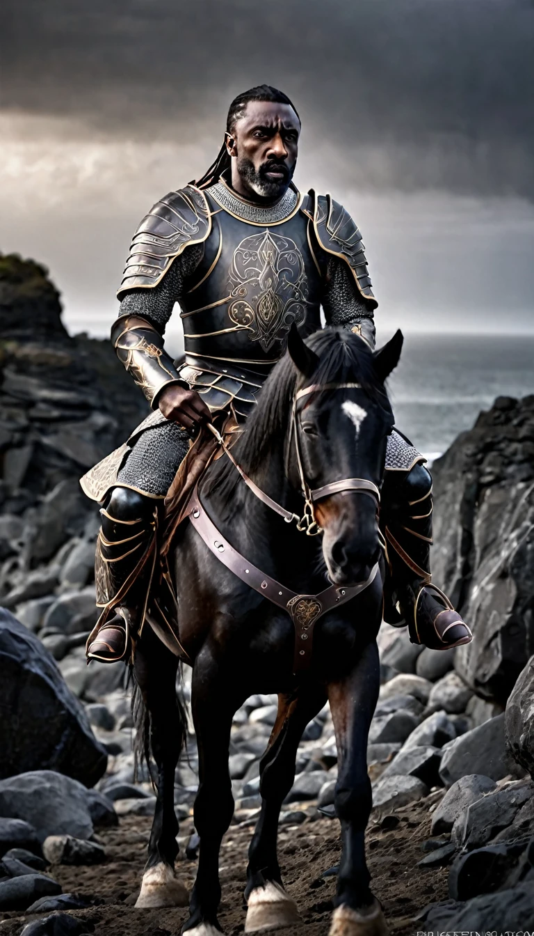 warrior, Idris Elba, long hair, dressed in Byzantine armor, black, riding a huge horse, black, in a landscape of black rocks at dawn, epic image, dark image, noir image, ethereal image, gloomy atmosphere. highly detailed image, sharp focus, studio photography, xf iq 4, 1 5 0 0 0 0 mp, 5 0 mm, iso 2 0 0, 1/1 6 0 s, realistic, natural light, octane rendering, adobe lightroom , thirds resolution, symmetrical balance, depth layers, polarizing filter, ..., hd, color optics, ..., hd, opaque color,