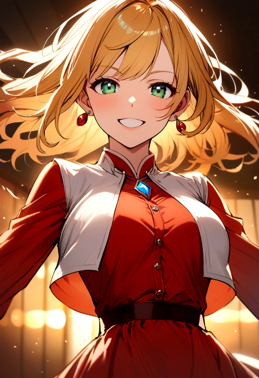 girl with long orange blonde hair, green eyes, red strap dress, white cropped jacket with a hint of blue, red earrings, energetic smile, teacher