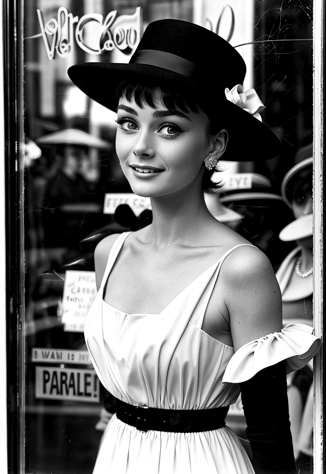 Photograph of a 20-year-old woman who looks like Audrey Hepburn looking at hats in a hat shop window, pelo corto y oscuro, ojos grandes y expresivos y una sonrisa elegante y sobria, in New York City in the year 1950. Ojos perfectos, nariz perfecta, boca perfecta, black and white photography from the 50's, 8k, realistic photography --seed 1751055599