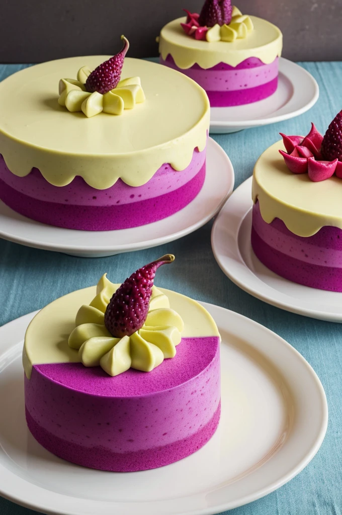 Entremet de Toronja y Pitahaya: Capas de mousse de toronja y mousse de pitahaya (dradon&#39;s fruit), con un inserto de gelatina de jugo de toronja. Puedes decorar con rodajas de toronja fresca y trozos de pitahaya.