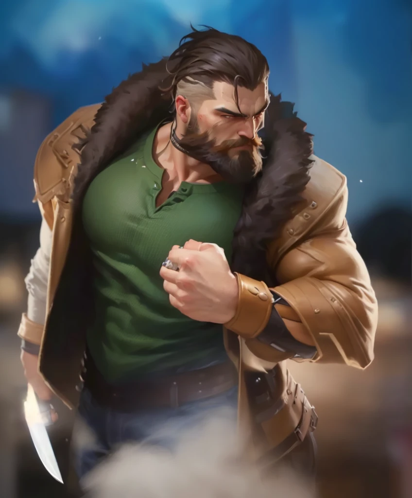 a close up of a man with a jacket on holding a knife, painted portrait of rugged zeus, portrait of rugged zeus, heroic masculine pose, realistic artstyle, photorealistic artstyle, painted portrait of rugged odin, hero character art, muscular male hero, iconic character splash art, berserker potrait, muscular character, realism artstyle, inspired by Max Magnus Norman