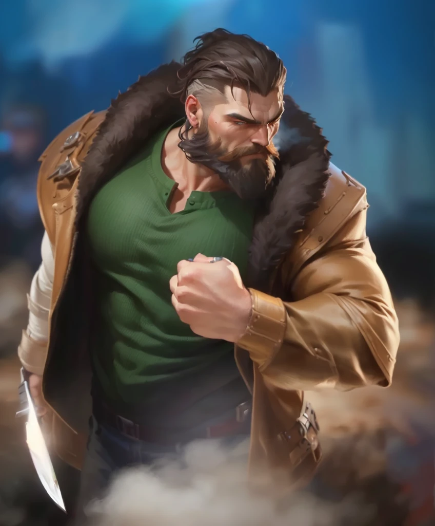 a close up of a man with a jacket on holding a knife, painted portrait of rugged zeus, portrait of rugged zeus, heroic masculine pose, realistic artstyle, photorealistic artstyle, painted portrait of rugged odin, hero character art, muscular male hero, iconic character splash art, berserker potrait, muscular character, realism artstyle, inspired by Max Magnus Norman