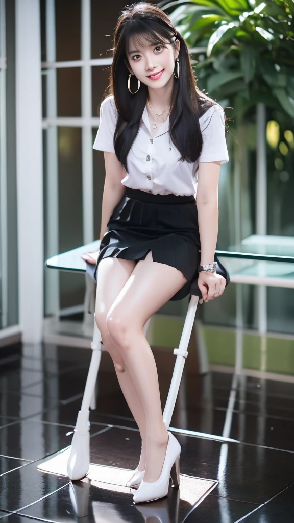 1 a thai cute girl about 30 year old,white wet shirt, uniform university of thailand,mini black short skirt,mini earrings,mini necklace,she wearing red high heels,she sitting cross leg on chair, straight hair long styles,big white ribbon on her hair.she had no make up on her face,she had mini bag.wet rain,