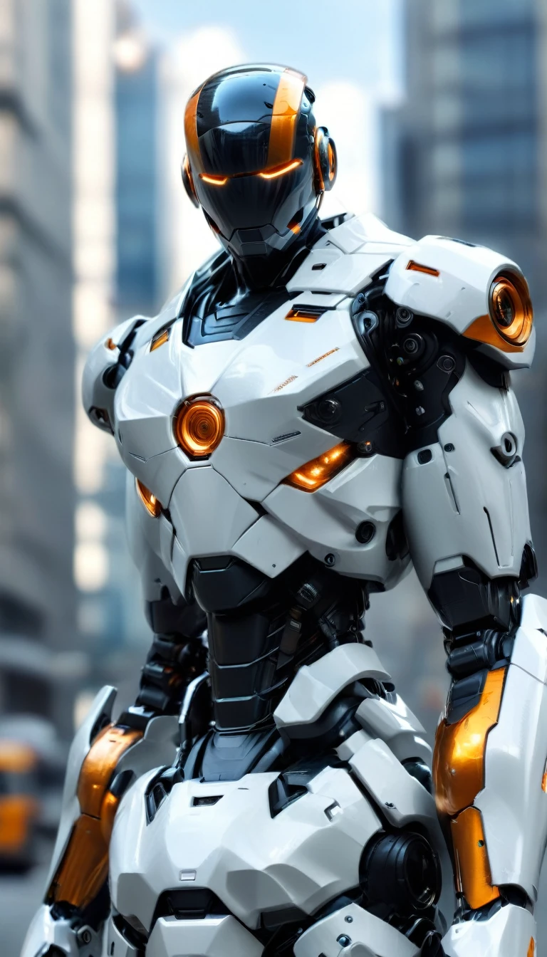 draw a picture of an A.I robot with short stature, like a , wearing a half helmet. male AI type, A.I Robot is orange and black, body position is straight towards the camera, showing the whole body, plain white background, A.I robot has a cute character with a smiling expression. Realistic, futuristic, funny, 3D, 8K