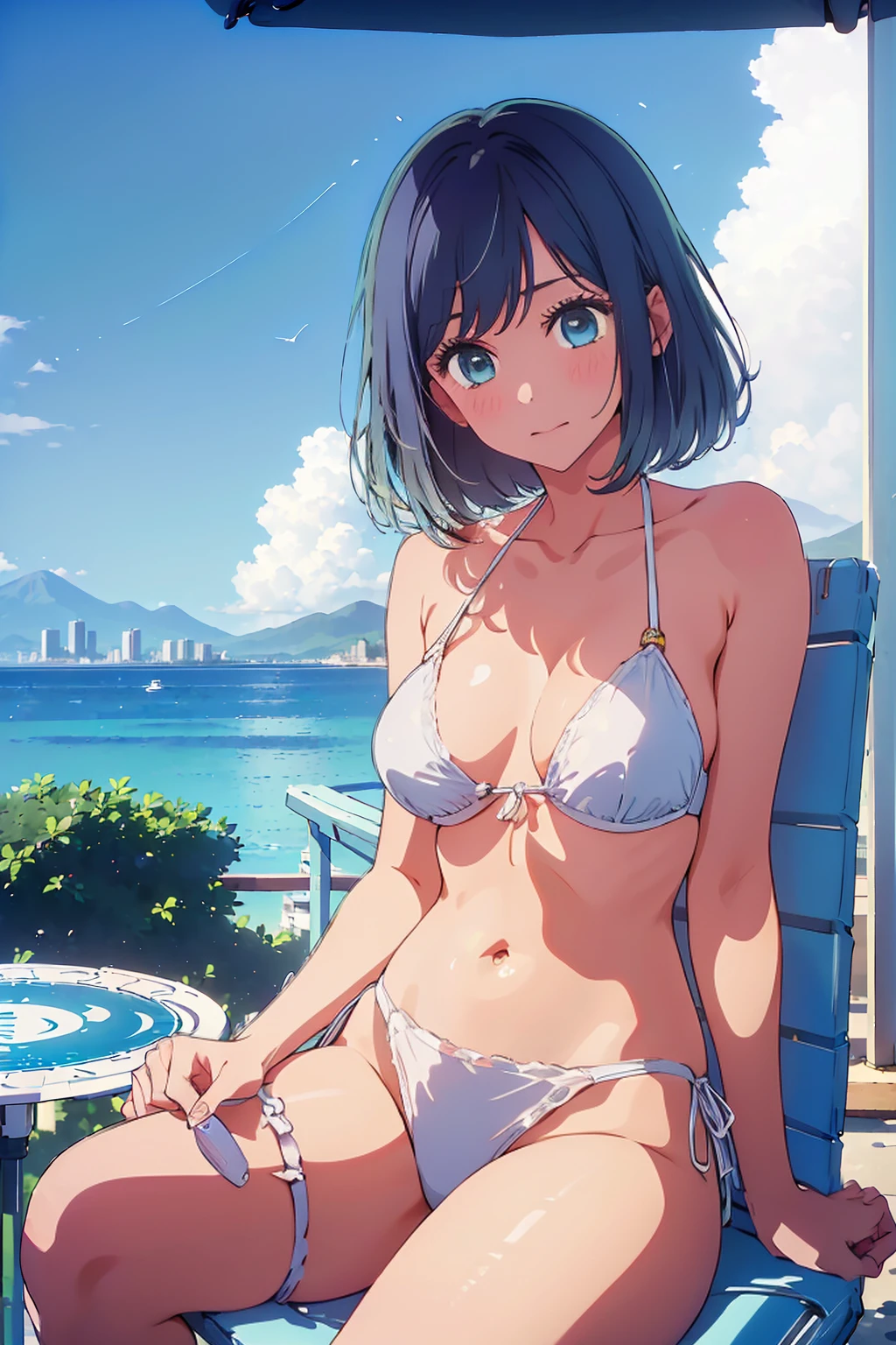 Highest quality,8k,detailed,F cup bust、Big Breasts、Slim and beautiful arms、Slim body、Very white beautiful skin、((((1 person、smile、Swimwear、smile、sit、Leaning back in a chair、In the background are the urban buildings of Tokyo、Outdoor café terrace、coastal、table、Navy hair color、Cheek resting on hand、juice、She is wearing a white side-string high-leg bikini、Very cute face))))、Sexy pose、Sexy belly、Very blue sky、A completely cloudless sky、She tilted her head slightly、The atmosphere is bright and lively、The woman is at the center of the image。