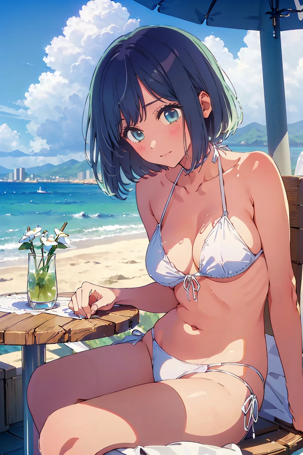 Highest quality,8k,detailed,F cup bust、Big Breasts、Slim and beautiful arms、Slim body、Very white beautiful skin、((((1 person、smile、Swimwear、smile、sit、Leaning back in a chair、In the background are the urban buildings of Tokyo、Outdoor café terrace、coastal、table、Navy hair color、Cheek resting on hand、juice、She is wearing a white side-string high-leg bikini、Very cute face))))、Sexy pose、Sexy belly、Very blue sky、A completely cloudless sky、She tilted her head slightly、The atmosphere is bright and lively、The woman is at the center of the image。