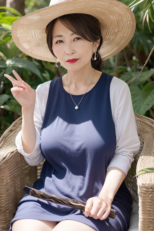 Beautiful mature Japanese woman aged 55, Married women, Fine wrinkles, Long eyelashes, Low Ponytail, Red lipstick, Large Breasts,  Pearl Necklace, Earrings, Red lipstick, Straw hat, Insect collection, Under the blazing sun, Sweaty, forest