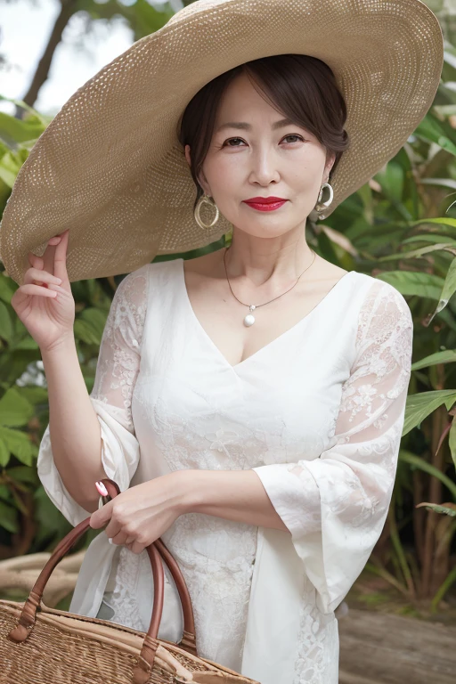 Beautiful mature Japanese woman aged 55, Married women, Fine wrinkles, Long eyelashes, Low Ponytail, Red lipstick, Large Breasts,  Pearl Necklace, Earrings, Red lipstick, Straw hat, Insect collection, Under the blazing sun, Sweaty, forest