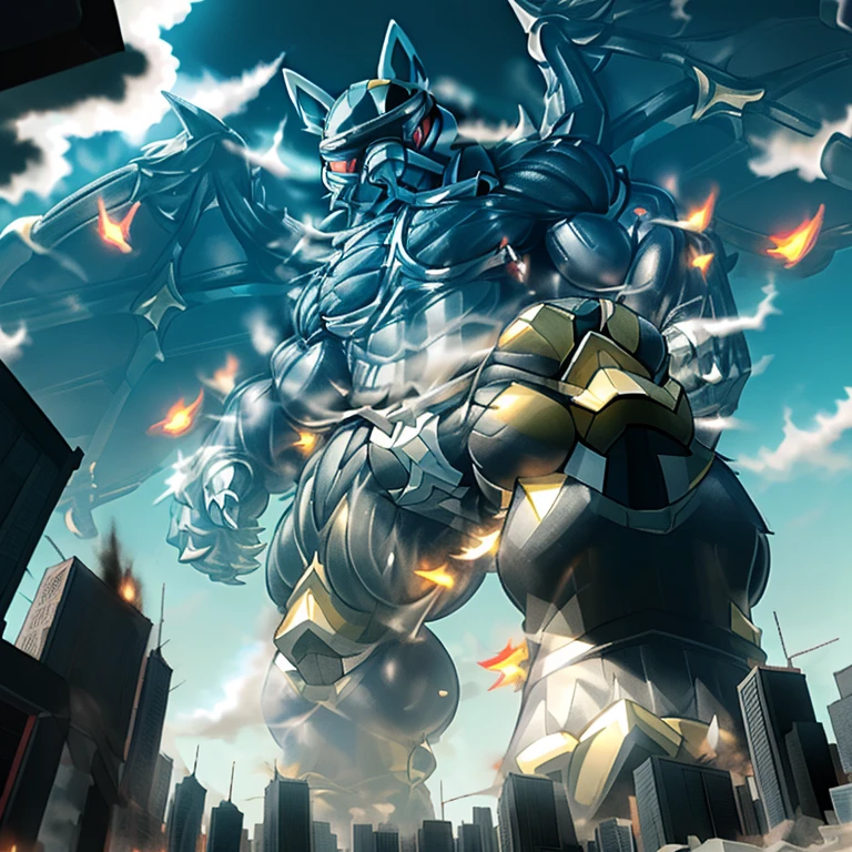 (masterpiece. official art. 8k. best quality. detailed full body. full body.)
A man in stylish armor fights against the magnificent biomechanical LUCARIO.
(situation 1 : dominating LUCARIO. focus GIANT mechanical Muscular LUCARIO is trampling the CITY. macro. stomp. Low-angle perspective. emphasizing the immense size. The perspective is from below, emphasizing the sheer majesty and power of the Giant. giant art. He is much bigger than a skyscraper. Giga Giants. micro soccer field. looking down.)

(situation 2 :smoke and flames rising from the destruction in the city)

(Additional details 1: wearing a full-face helmet. helmet is jet black. The color of NANOSUIT is jet black. high-tech bio-mecha armor. real texture material. whole body shines like metal. Wearing cyberpunk mecha. emphasizes the muscles. suit fully made of metal. intricate armor. Robotic suit. suit fully made of metal. NANOSUIT with the same design as LUCARIO.).

(Additional details 2: (Detailed head. Detailed Body. Detailed abs. gigantic muscles. HYPER MUSCLES. Gigachad Muscular. big muscle. pecs. triceps. traps. unusually developed muscular body. body full of huge muscles. showing off muscles. pectorales enormes. Exaggeratedly huge muscles. huge muscles. long legs.).

(Additional details 3: nj5furry, Spread wings. It has wings. black have big wings. The claws are sharp. Sharp teeth.5 toes.). 