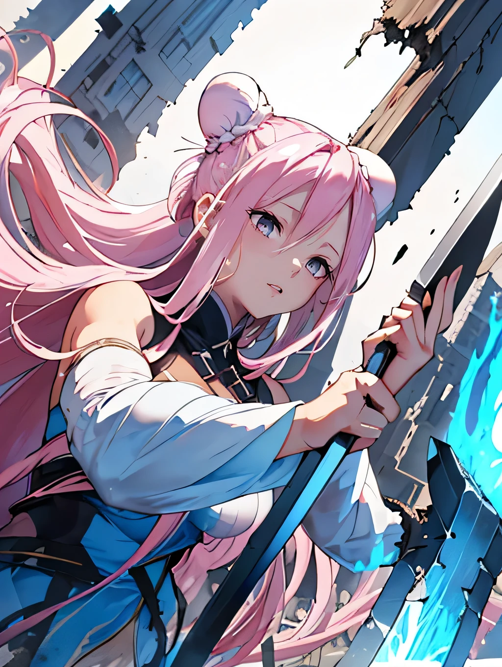 (((Destroyed city))), (((A giant goddess 100 meters high floats, Light radiates from the entire body, Lost Students, The Last Judgment, Blue Flame))), arms,(Aerial angle from below), Braiding, (((Hello, Giant Axe))),masterpiece, Highest quality, High resolution, {Detailed and beautiful eyes}, finely, Detailed and beautiful eyes,1 Girl, (alone:1.5), (Hair Ribbon:0.4), Pink Eyes,Cinematic Angles,perspective,(((White bun hair))),(((Long pink hair))),whole body,