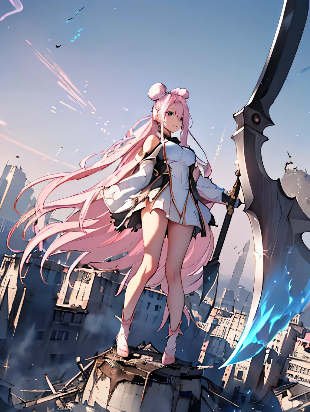 (((Destroyed city))), (((A giant goddess 100 meters high floats, Light radiates from the entire body, Lost Students, The Last Judgment, Blue Flame))), arms,(Aerial angle from below), Braiding, (((Hello, Giant Axe))),masterpiece, Highest quality, High resolution, {Detailed and beautiful eyes}, finely, Detailed and beautiful eyes,1 Girl, (alone:1.5), (Hair Ribbon:0.4), Pink Eyes,Cinematic Angles,perspective,(((White bun hair))),(((Long pink hair))),whole body,