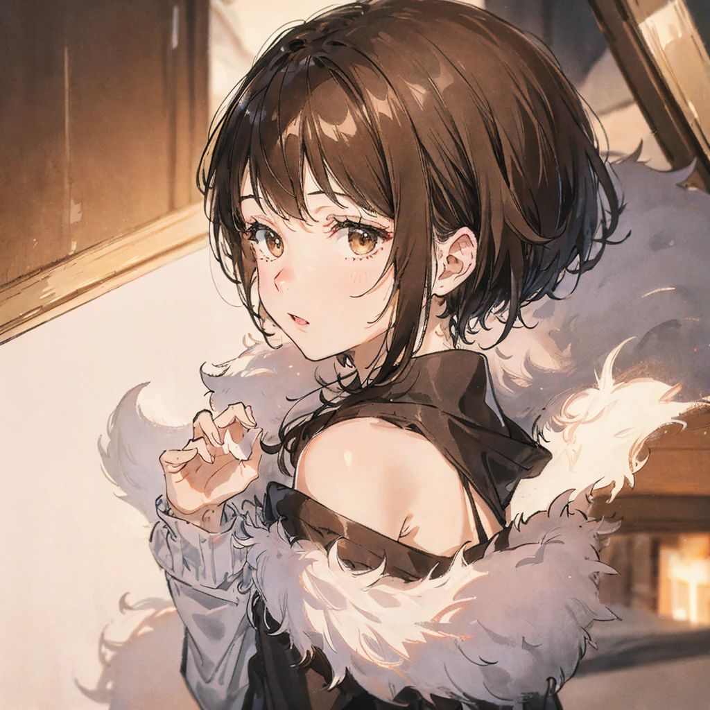 ((Watercolor painting by singer Sargent))、Impressionist style painting、The Art of Edouard Bisson、(Highest quality、masterpiece)、A woman wearing a brown shirt and a brown jacket., Short Hair, Soft Portrait Shot 8k, 8K Portrait Rendering, Realistic anime 3D style, Realistic young anime girl, Real Anime Girls, Anime Profile, Shirahime cut hairstyle, A side profile of a cute woman, (No background)、((White Background))、,Small breasts,Flat chest,Brown Hair,Shortcuts,Messy Hair,Slender beauty,Beautiful feet
