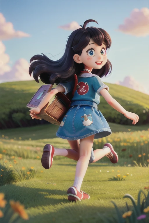 cartoon long-haired girl running into the distance,grassland,Suburban,Back,Cute numbers, Cute numbers艺术, Lovely and detailed digital art, cute cartoon, Cute illustrations, Lovely art style, Lovely detailed artwork, cute cartoon character, Realistic cute girl, her hair is messy, Beautiful style