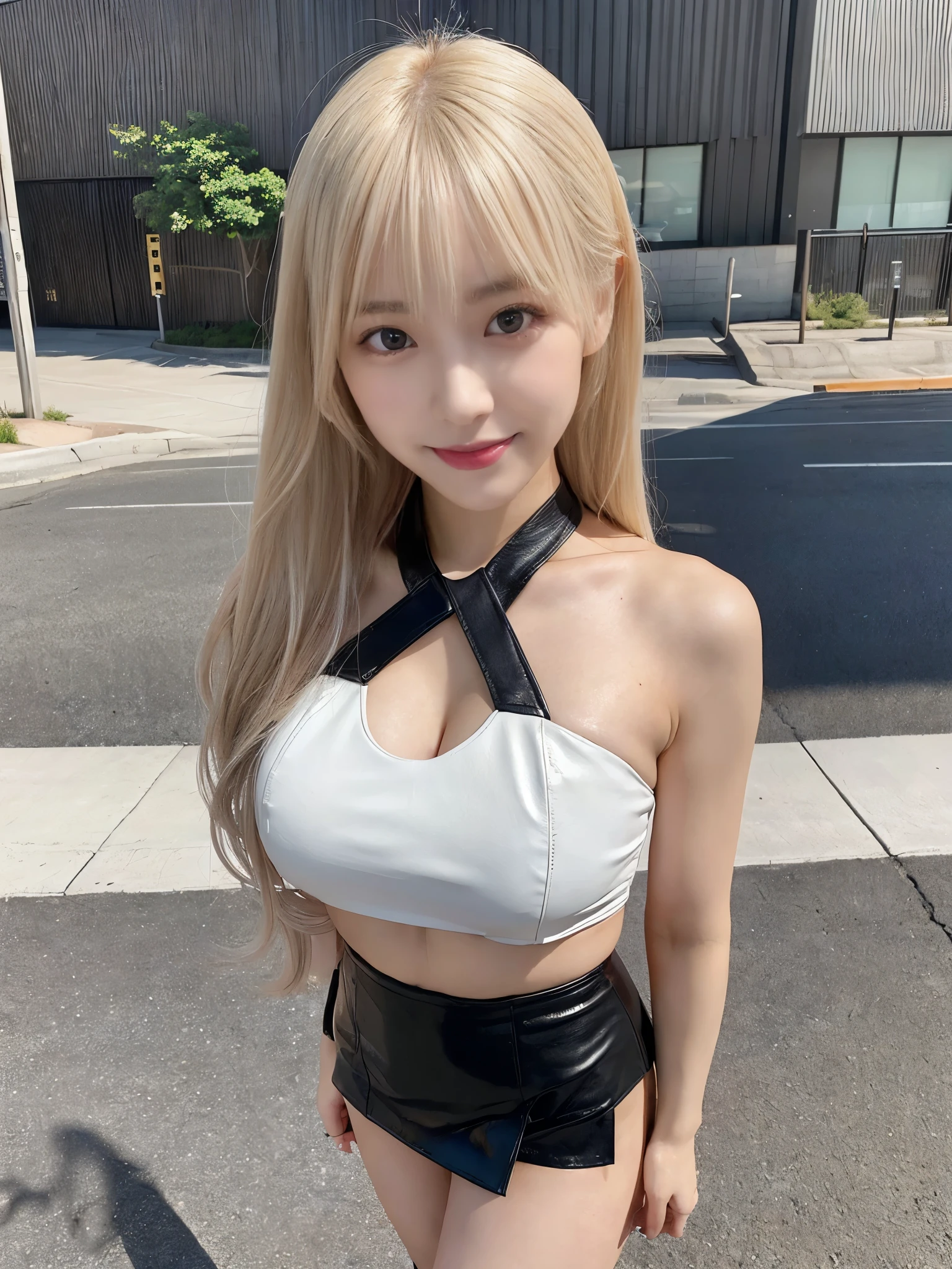 (Full Body Shot:1.3),( Masterpiece, Highest quality), 98k, ((Perfect Anatomy:1.2)),Beautiful Japanese Women, Succubus,(One person:1.3), 20-year-old, Small face,(Cute face:1.2),Smiling, Larger breasts, ,Beautiful and detailed eyes, Evenly spaced eyes 1.2, long platinum blonde hair,(Random Hairstyles), (Highly detailed face and skin texture), Beautiful face in golden proportions,White skin,(Black leather mini skirt:1.2),(Random sexy poses:1.2)、(Expose the valley:1.3),(Exposing your thighs:1.2),Gal Makeup,Halter neck