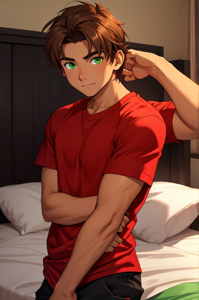 a young male, 18 years old, tanned skin, light brown hair, green eyes, red shirt, black cause. in the bedroom