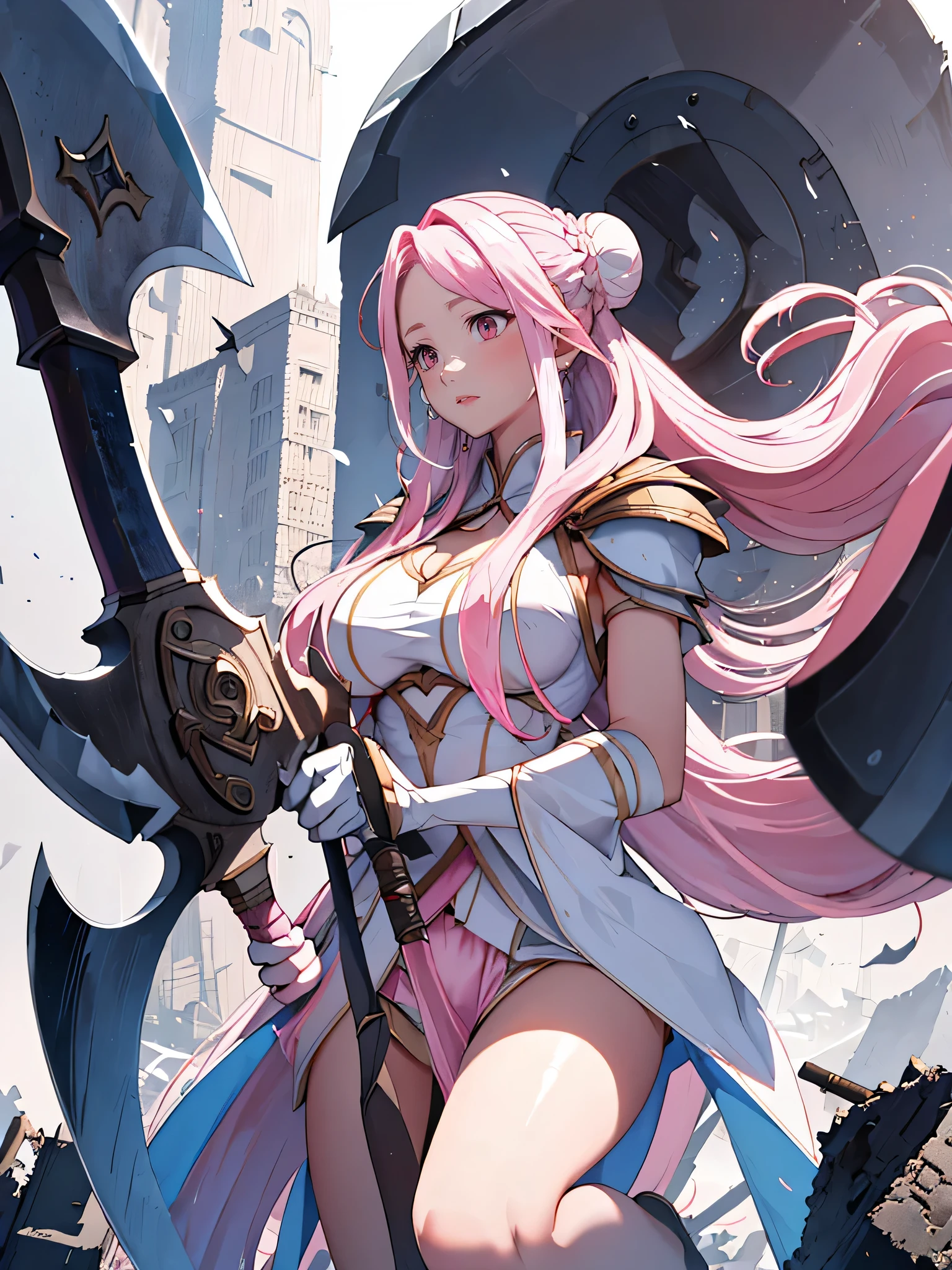 Destroyed city, (A giant goddess 100 meters high floats, Light radiates from the entire body, Lost Students, The Last Judgment, Blue Flame), arms, Aerial angle from below, Braiding, (((Hello, Giant Axe))),masterpiece, Highest quality, High resolution, {Detailed and beautiful eyes}, finely, Detailed and beautiful eyes,1 Girl, (alone:1.5), (Hair Ribbon:0.4), Pink Eyes,Cinematic Angles,perspective,(((White bun hair))),(((Long pink hair))),whole body,