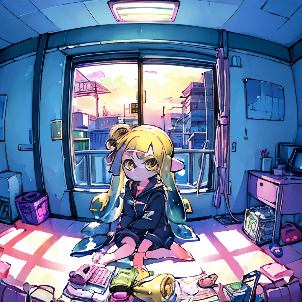 (Splatoon Girl:1.2)、Sitting in a room、sitting at a desk、Golden Eyes、Holding a pen and looking out the window、Inside the girl's cute room、Detailed facial depiction、Fisheye Lens、