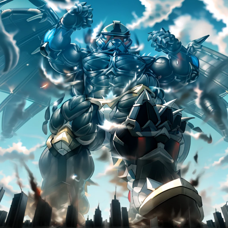 (masterpiece. official art. 8k. best quality. detailed full body. full body.)

(situation 1 : dominating demon lord dragon batzz. focus GIANT mechanical Muscular demon lord dragon batzz is trampling the CITY. Looking down. macro. stomp. Low-angle perspective. emphasizing the immense size. The perspective is from below, emphasizing the sheer majesty and power of the Giant. giant art. He is much bigger than a skyscraper. Giga Giants. micro CITY. looking down.)

(situation 2 :smoke and flames rising from the destruction in the city)

(Additional details 1: wearing a full-face helmet. high-tech bio-mecha armor. real texture material. whole body shines like metal. Wearing cyberpunk mecha. emphasizes the muscles. suit fully made of metal. intricate armor. Robotic suit. suit fully made of metal. cyborg. Powered exoskeleton with the same design as demon lord dragon batzz).

(Additional details 2: (Detailed head. Detailed Body. Detailed abs. gigantic muscles. HYPER MUSCLES. Gigachad Muscular. big muscle. pecs. triceps. traps. unusually developed muscular body. body full of huge muscles. showing off muscles. pectorales enormes. Exaggeratedly huge muscles. huge muscles. long legs.).

(Additional details 3: nj5furry, Spread wings. It has wings. White have big wings. The claws are sharp. Sharp teeth.5 toes.).

(Additional details 4: black color hyper penis. hyper black penis. big penis)

(Additional details 5 Spraying hyper cum up everywhere into the sky from his erect penis. wide spray of cum, covered in cum, cum splashing in front of camera, crowd of naked muscular male spectators, bukkake, City is under a thick later of cum.)